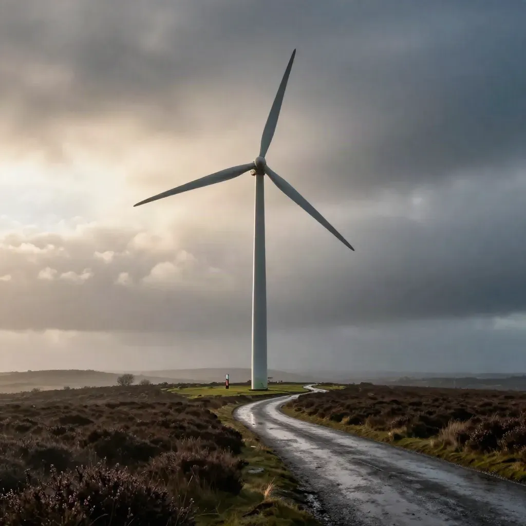 Onshore wind turbine on a wet moor ridge after rain, lit by breaking sun, with survey gear and hills.