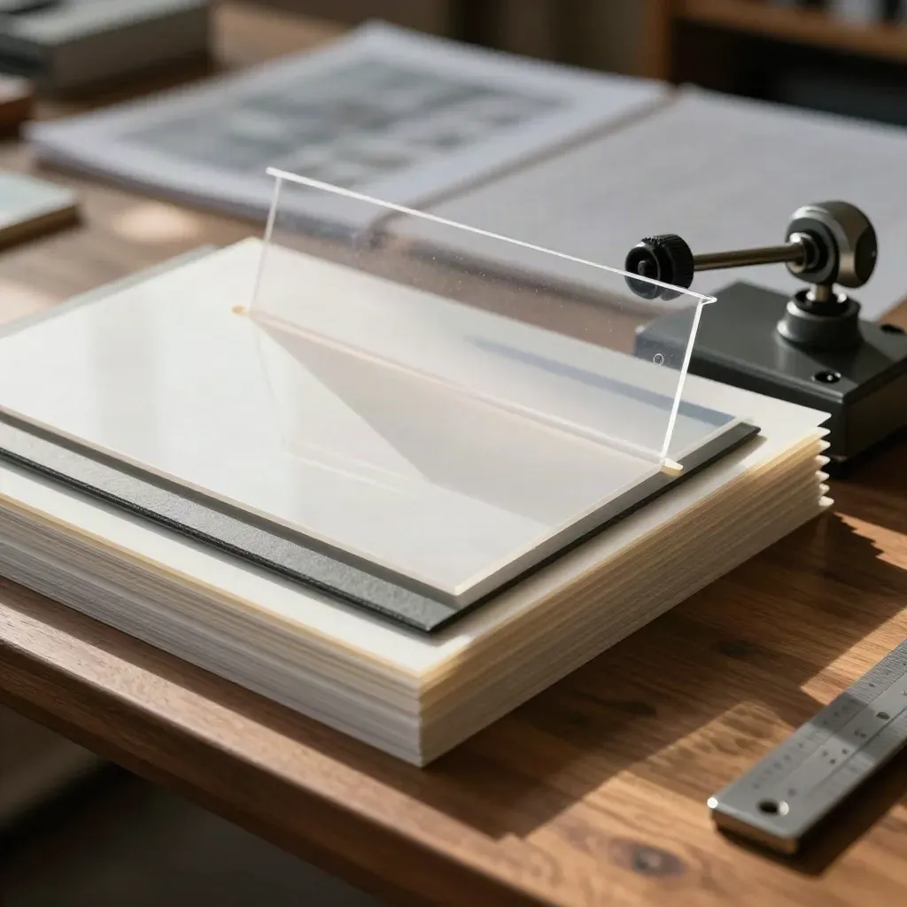 Archival sleeves, tab dividers, acetate overlay and turbine base model on a walnut planning bench.