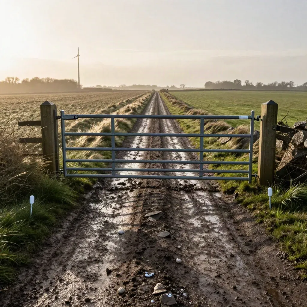 Wet farm access verge with survey pegs and open gate leading toward turbine access
