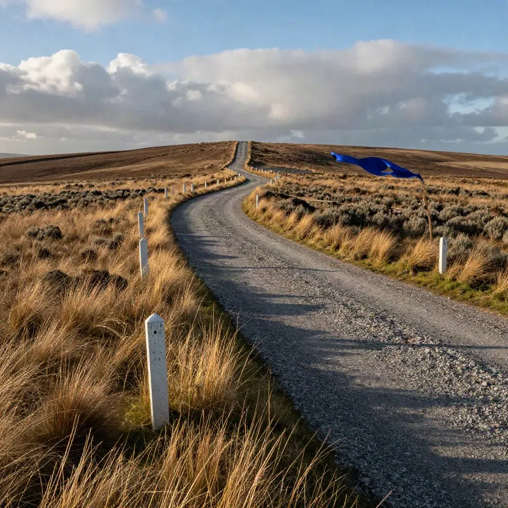 Wind turbine siting zone on a ridge with access lane, setback markers, and hazy grid corridor