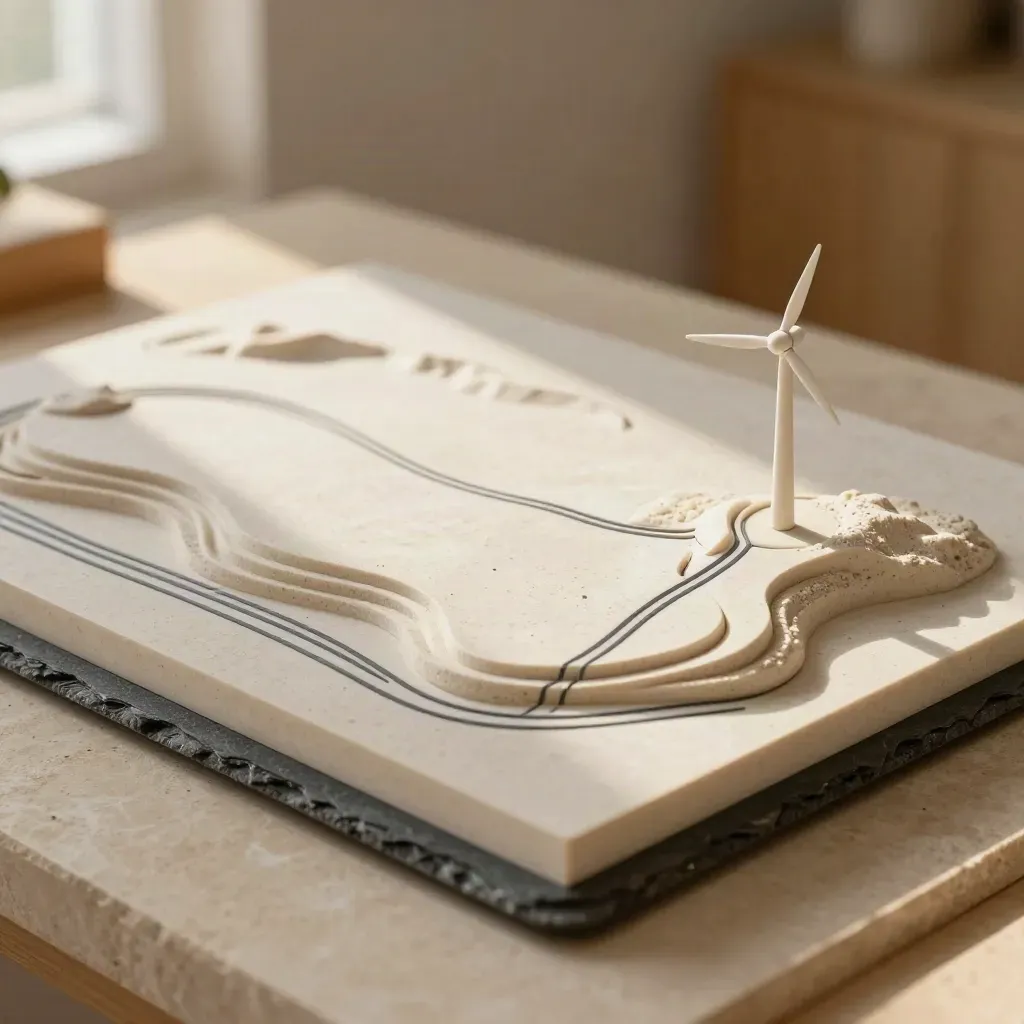 Topographic turbine site model with foundation ring and cable routes in warm daylight.