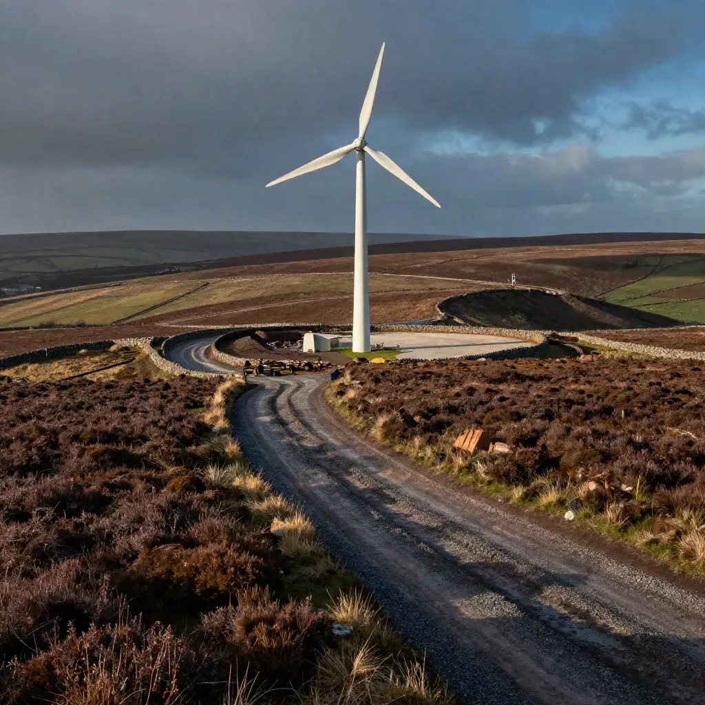 North Yorkshire moorland turbine siting zone with new access track and earthworks under sweeping clouds