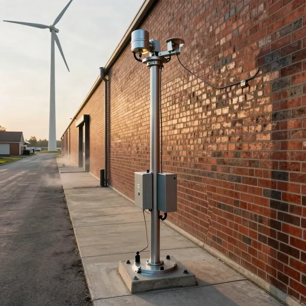 Warm industrial yard with a clear wind turbine siting corridor beside a brick factory wall.