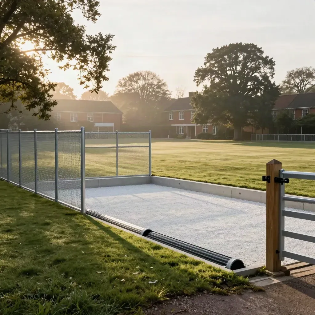 Kent school field edge with turbine proposal fencing, concrete ring and misty trees at dawn