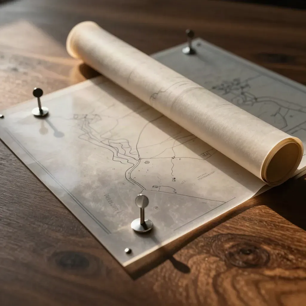 Wind project planning tools on walnut oak with acetate overlays and metal map pins