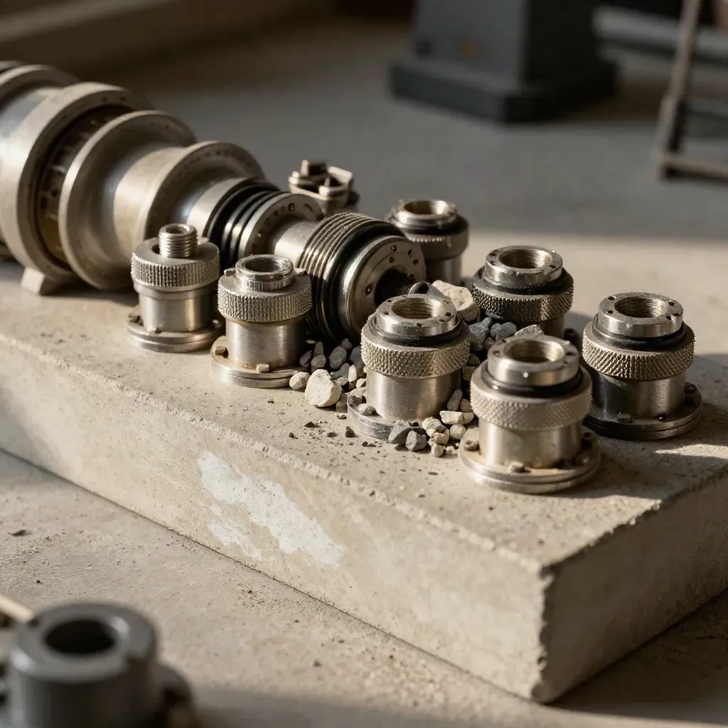 Turbine foundation model, cable glands and gravel sample on a concrete plinth.