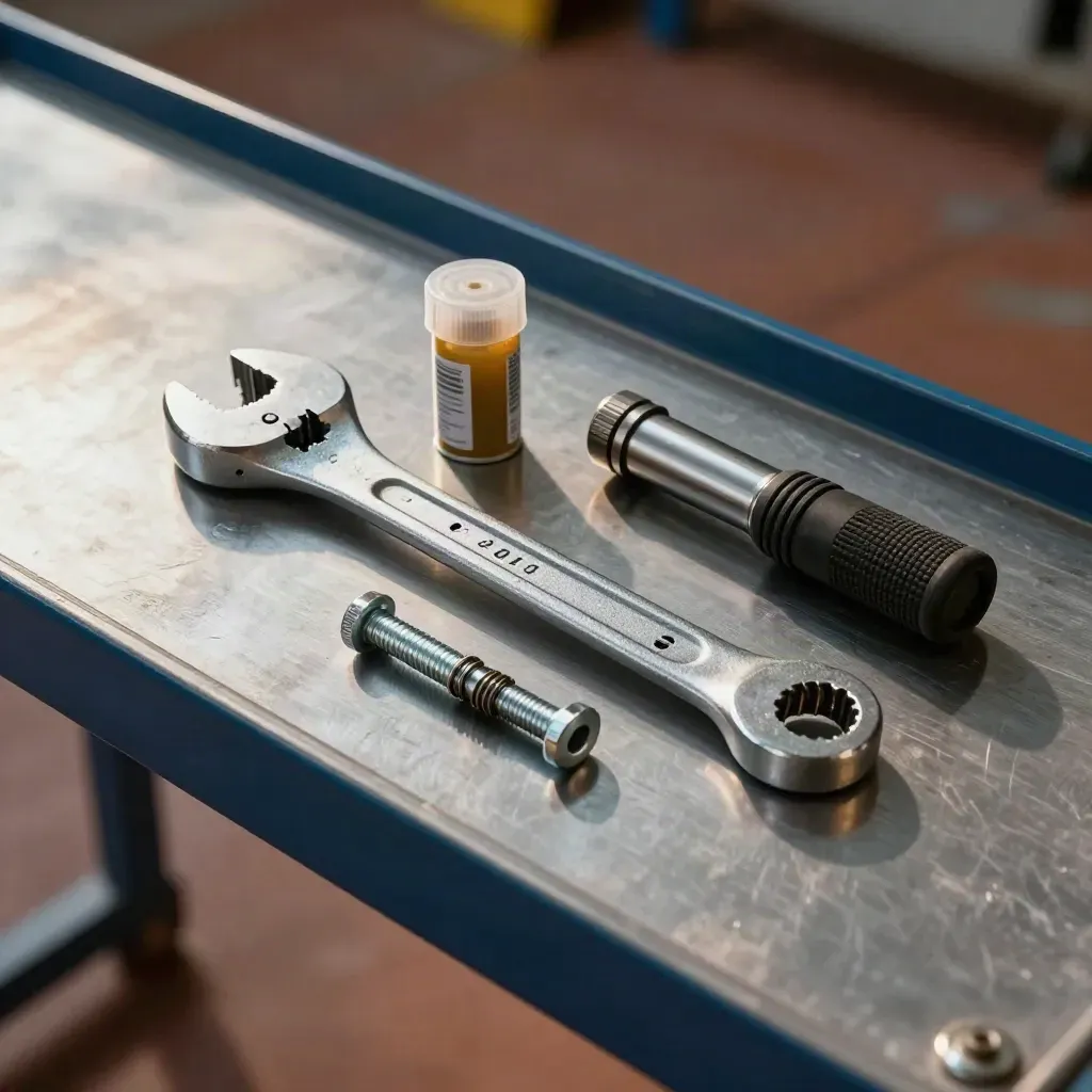 Torque wrench, grease cartridges, inspection torch and fasteners on a brushed steel bench.