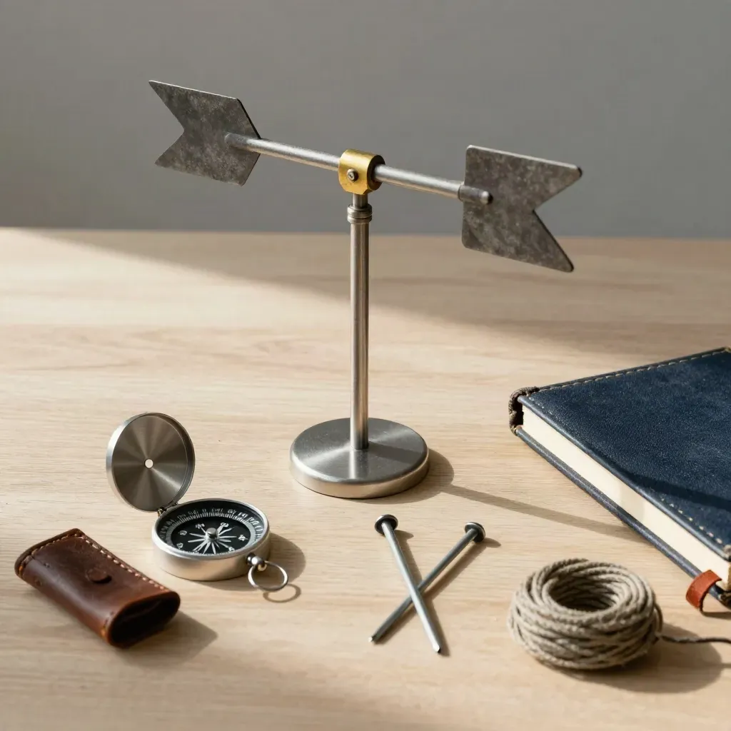 Wind vane, site compass, survey pegs and closed notebook on pale wood