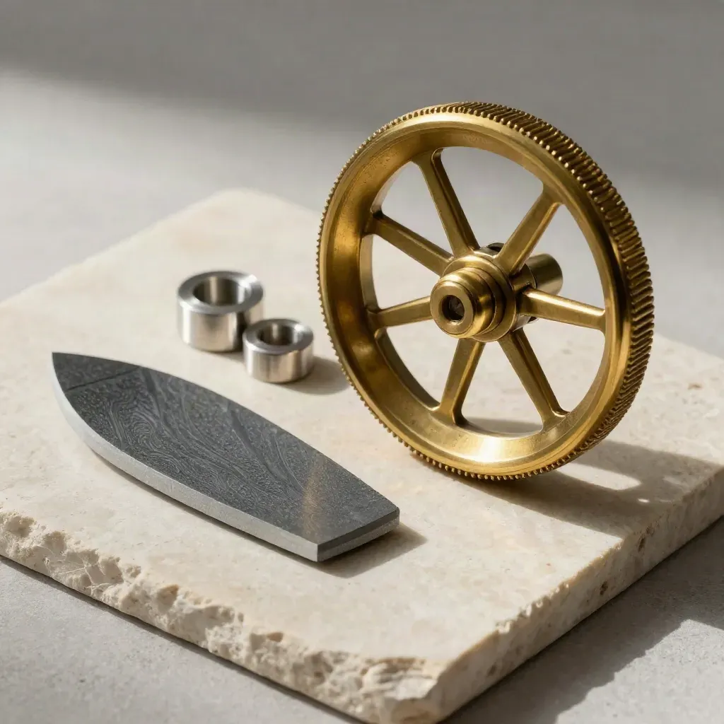 Brass calculation wheel beside stainless spacers and a wind-tunnel test fragment on pale stone.