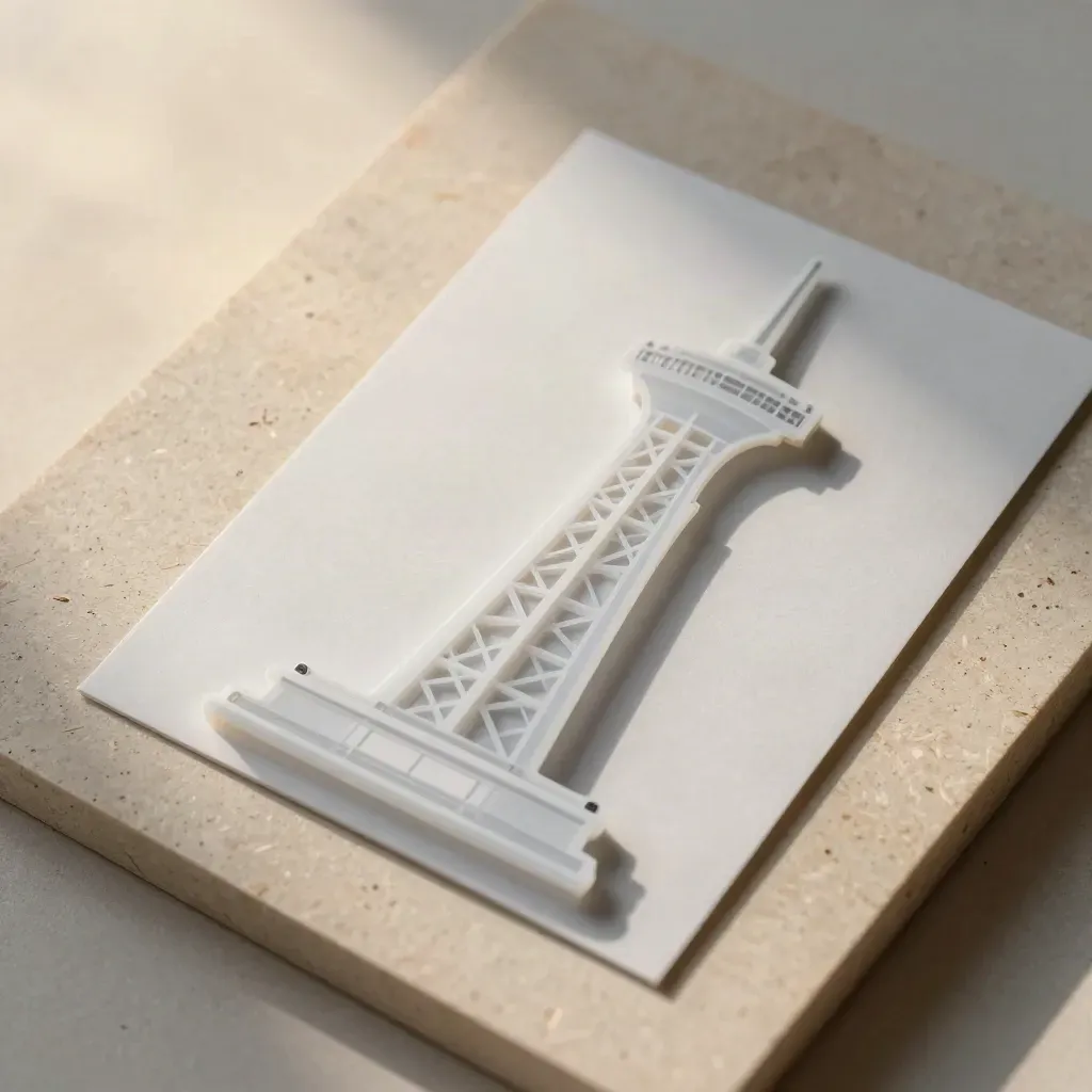 Overhead flatlay of turbine model, site chips, and translucent planning overlays on a limestone board