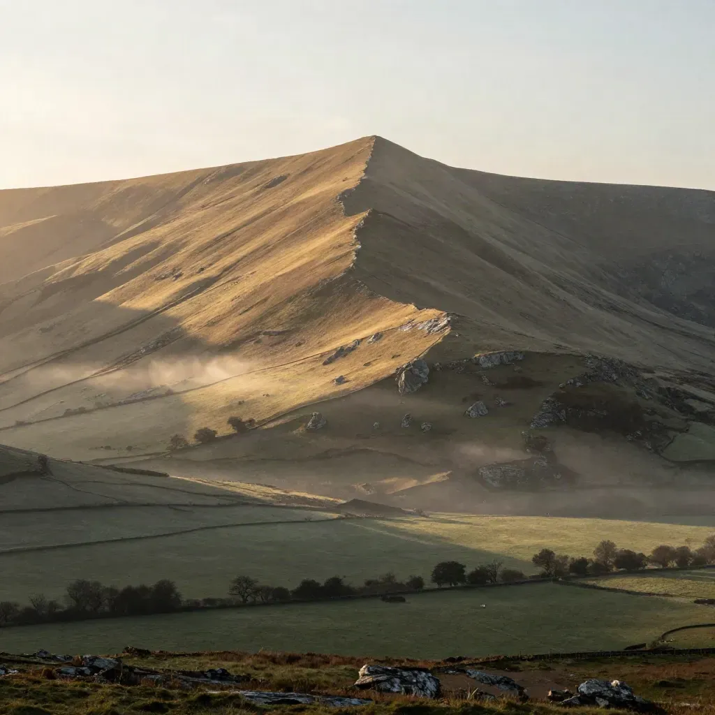 Brecon Beacons ridge above misty Welsh valley and sheep-grazed slopes at sunrise.