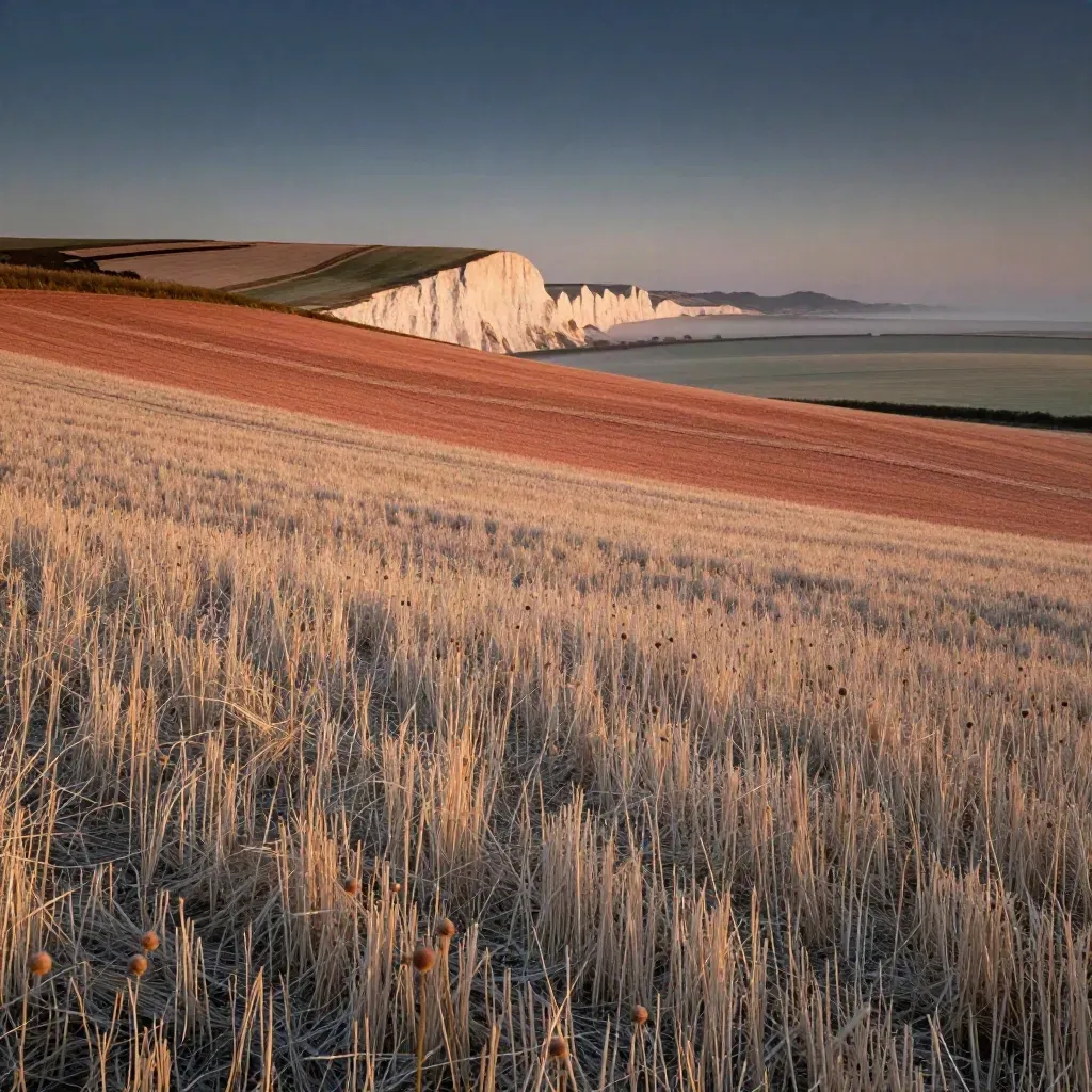 Chalk downs and white cliffs above patchwork fields in warm evening haze